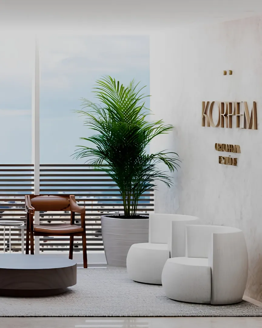 Sala de espera da clínica Körpem, com o logotipo na parede e vista para Belo Horizonte